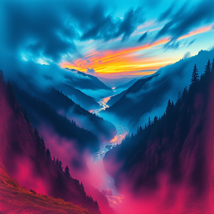 pencil sketch, a misty river valley at dawn, at sunrise, with lightning in distance, vibrant saturated colors, low angle dramatic perspective, moody atmospheric lighting, RAW photo, awe-inspiring and grand