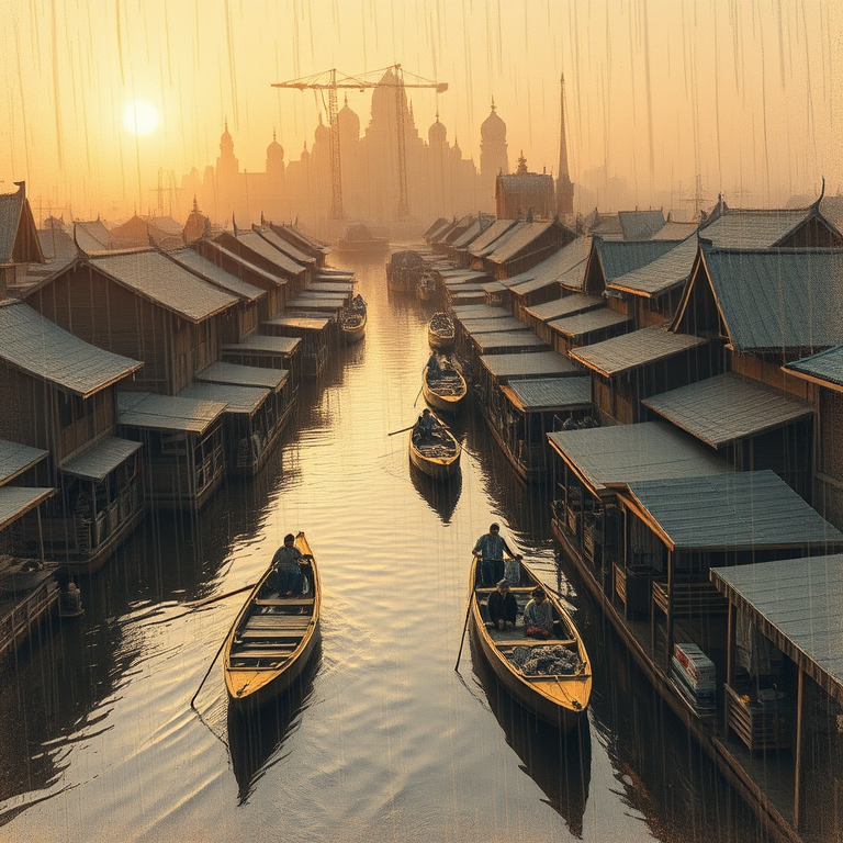 pencil sketch, a floating market in Thailand, during golden hour, with rain reflections, muted earth tones, aerial drone perspective, volumetric light rays, photorealistic, dark and moody