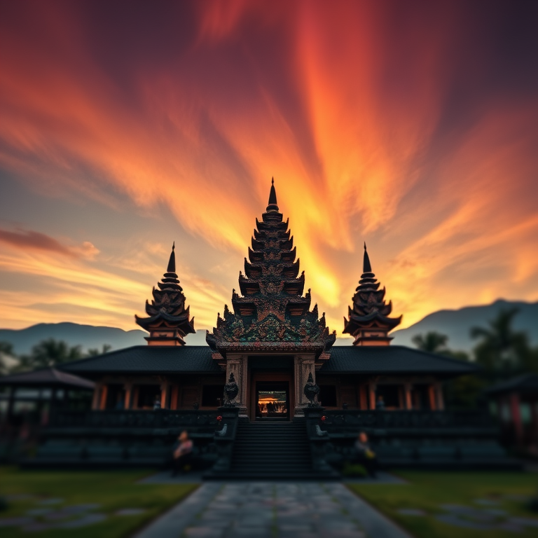 abstract art, a Balinese temple at dawn, during golden hour, with aurora in sky, muted earth tones, tilt-shift miniature effect, natural light, professional photography, energetic and vibrant