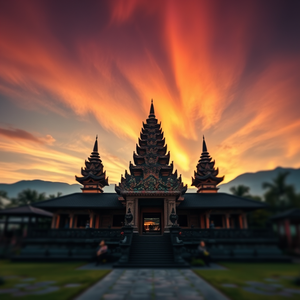 abstract art, a Balinese temple at dawn, during golden hour, with aurora in sky, muted earth tones, tilt-shift miniature effect, natural light, professional photography, energetic and vibrant