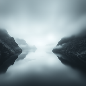 charcoal drawing, a Norwegian fjord with mirror water, in early morning mist, with misty atmosphere, high contrast, bird eye view, neon glow, RAW photo, peaceful and serene
