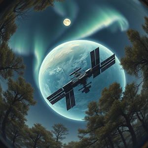 watercolor painting, a space station orbiting Earth, under a full moon, with aurora in sky, muted earth tones, fish-eye lens, dappled light through trees, photorealistic, mysterious and ethereal