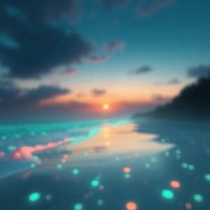 anime style, a bioluminescent ocean beach at night, at sunset, with misty atmosphere, pastel soft colors, tilt-shift miniature effect, soft diffused lighting, masterpiece quality, energetic and vibrant