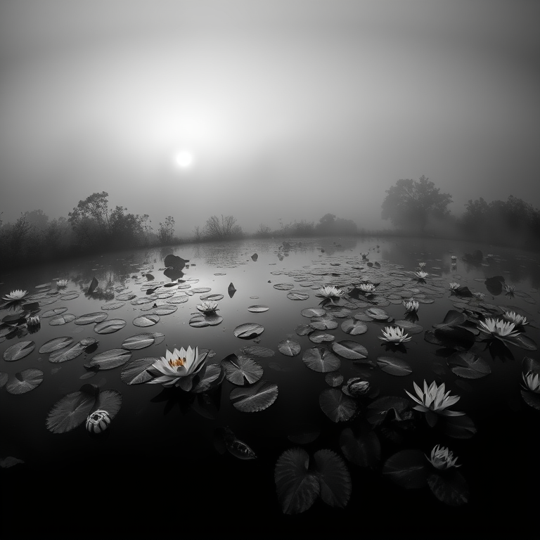 abstract art, a koi pond with lily pads, at dawn, with fog rolling in, monochrome black and white, panoramic view, studio quality lighting, 8K UHD, energetic and vibrant