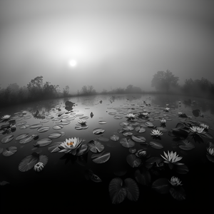 abstract art, a koi pond with lily pads, at dawn, with fog rolling in, monochrome black and white, panoramic view, studio quality lighting, 8K UHD, energetic and vibrant
