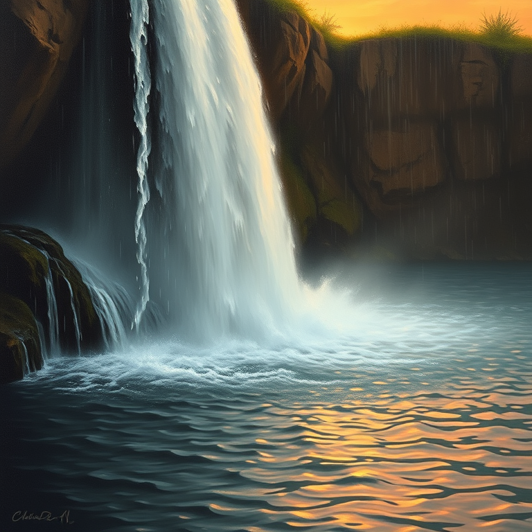 oil painting, a waterfall cascading into a pool, at dawn, with rain reflections, warm tones, close-up detail shot, natural light, masterpiece quality, melancholic and contemplative