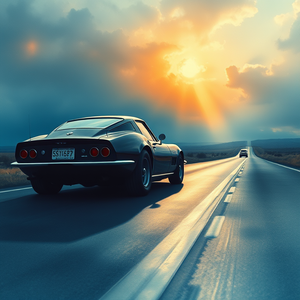 watercolor painting, a classic sports car on an open road, at dawn, with rainbow in background, cool blue tones, close-up detail shot, moody atmospheric lighting, sharp focus, awe-inspiring and grand