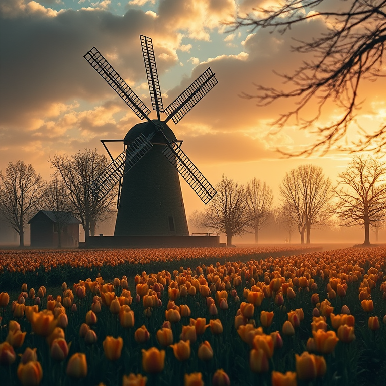 cinematic shot, an old windmill in tulip fields, in early morning mist, with dramatic cloud formations, golden warm palette, macro extreme close-up, dappled light through trees, RAW photo, melancholic and contemplative