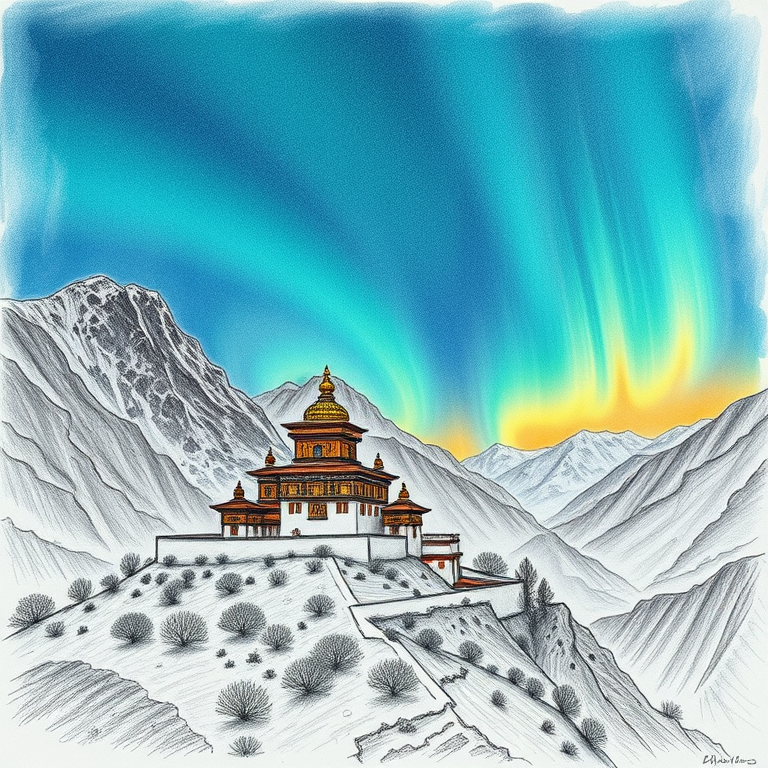pencil sketch, a Tibetan monastery in mountains, at sunset, with aurora in sky, teal and orange, bird eye view, volumetric light rays, sharp focus, peaceful and serene