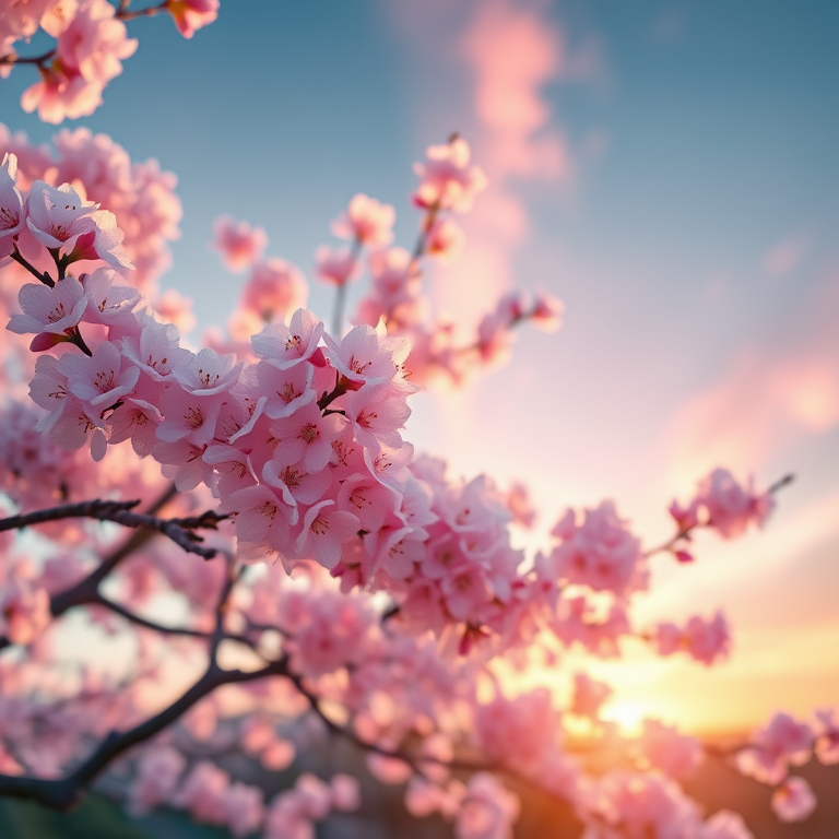 3D render, a cherry blossom tree in full bloom, during golden hour, with aurora in sky, pastel soft colors, telephoto compression, studio quality lighting, sharp focus, energetic and vibrant