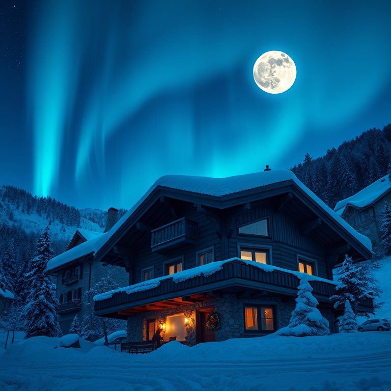 realistic photo, a Swiss chalet in winter, under a full moon, with aurora in sky, cool blue tones, macro extreme close-up, rim lighting, photorealistic, whimsical and playful