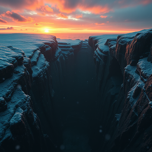 hyper-realistic render, a deep ocean trench scene, at sunset, with snow falling, teal and orange, low angle dramatic perspective, rim lighting, masterpiece quality, mysterious and ethereal