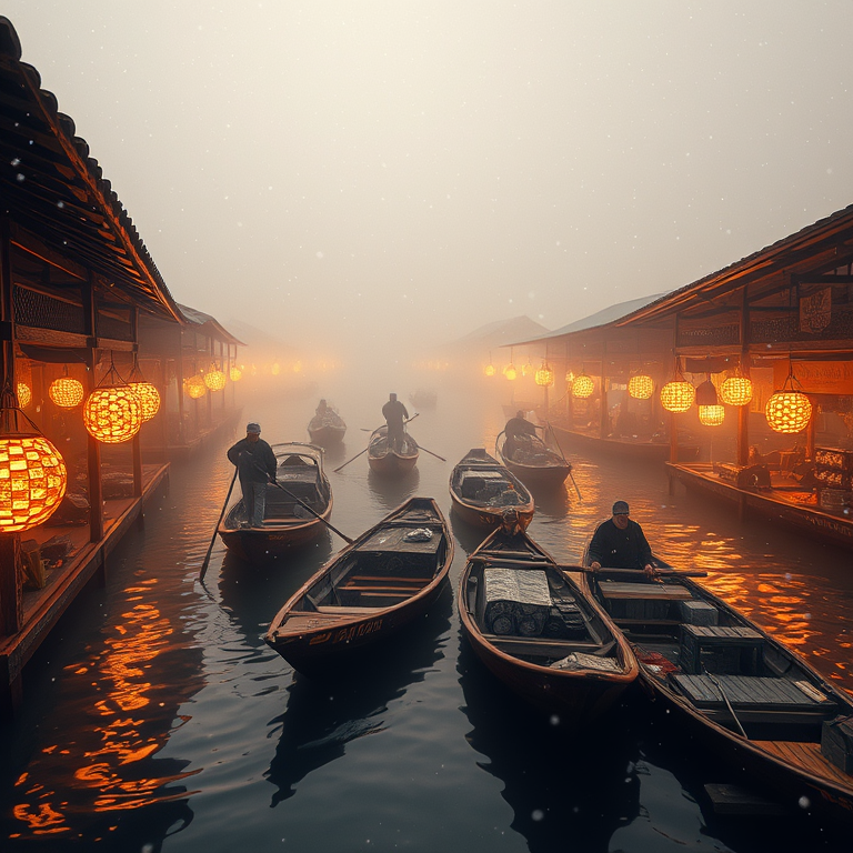 digital art, a floating market in Thailand, in early morning mist, with snow falling, warm tones, wide angle view, dramatic side lighting, photorealistic, romantic and dreamy