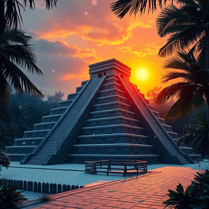 3D render, a Mayan pyramid in jungle, during golden hour, with snow falling, high contrast, low angle dramatic perspective, neon glow, ultra high resolution, cozy and warm