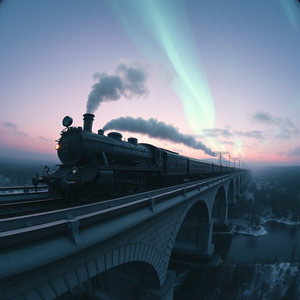 hyper-realistic render, a vintage steam train on a bridge, during twilight, with aurora in sky, cool blue tones, fish-eye lens, natural light, award-winning composition, dramatic and powerful