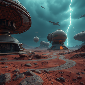 3D render, a futuristic Mars colony, during a storm, with lightning in distance, deep rich jewel tones, macro extreme close-up, soft diffused lighting, photorealistic, peaceful and serene