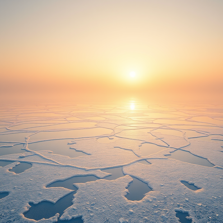 3D render, a frozen lake with ice patterns, during golden hour, with fog rolling in, pastel soft colors, wide angle view, natural light, award-winning composition, energetic and vibrant