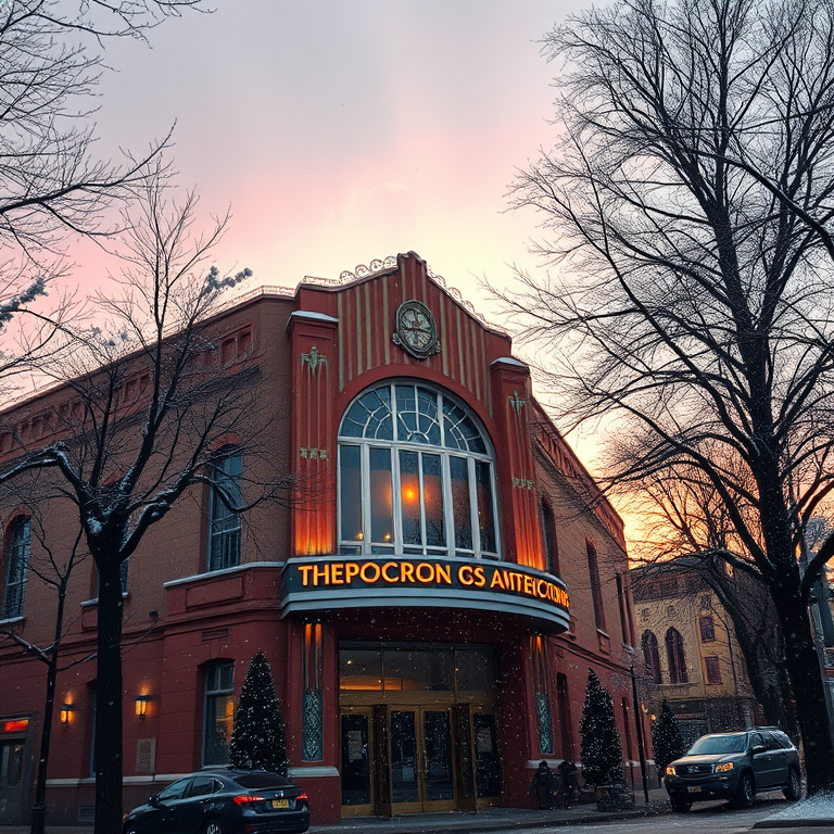 cinematic shot, an art deco building facade, at sunset, with snow falling, vibrant saturated colors, low angle dramatic perspective, dappled light through trees, masterpiece quality, energetic and vibrant