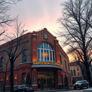 cinematic shot, an art deco building facade, at sunset, with snow falling, vibrant saturated colors, low angle dramatic perspective, dappled light through trees, masterpiece quality, energetic and vibrant