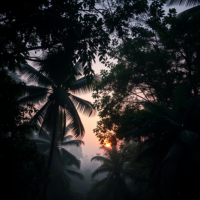 minimalist design, a tropical rainforest canopy, at dawn, with gentle breeze, muted earth tones, aerial drone perspective, soft diffused lighting, award-winning composition, cozy and warm