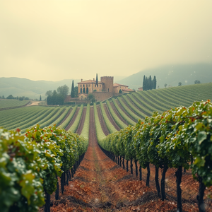 concept art, an Italian vineyard in Tuscany, during a storm, with snow falling, pastel soft colors, low angle dramatic perspective, natural light, award-winning composition, peaceful and serene