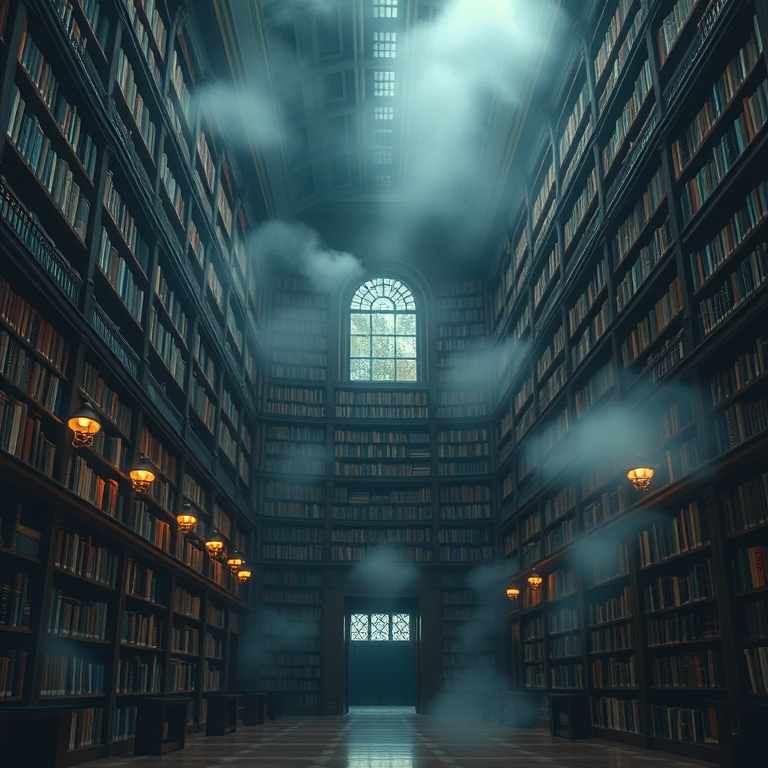 cinematic shot, a grand library with tall bookshelves, during a storm, with fog rolling in, vibrant saturated colors, wide angle view, studio quality lighting, RAW photo, energetic and vibrant