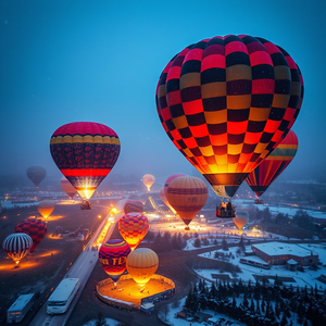 abstract art, a colorful hot air balloon festival, at blue hour, with snow falling, muted earth tones, bird eye view, volumetric light rays, RAW photo, cozy and warm