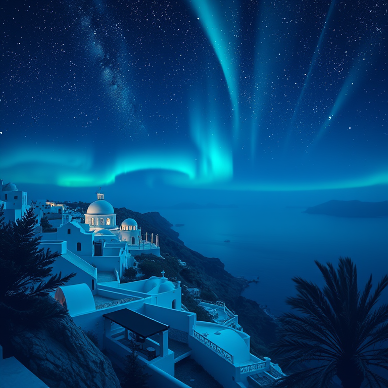 anime style, a Santorini cliffside view, at night under stars, with aurora in sky, cool blue tones, panoramic view, dappled light through trees, RAW photo, peaceful and serene