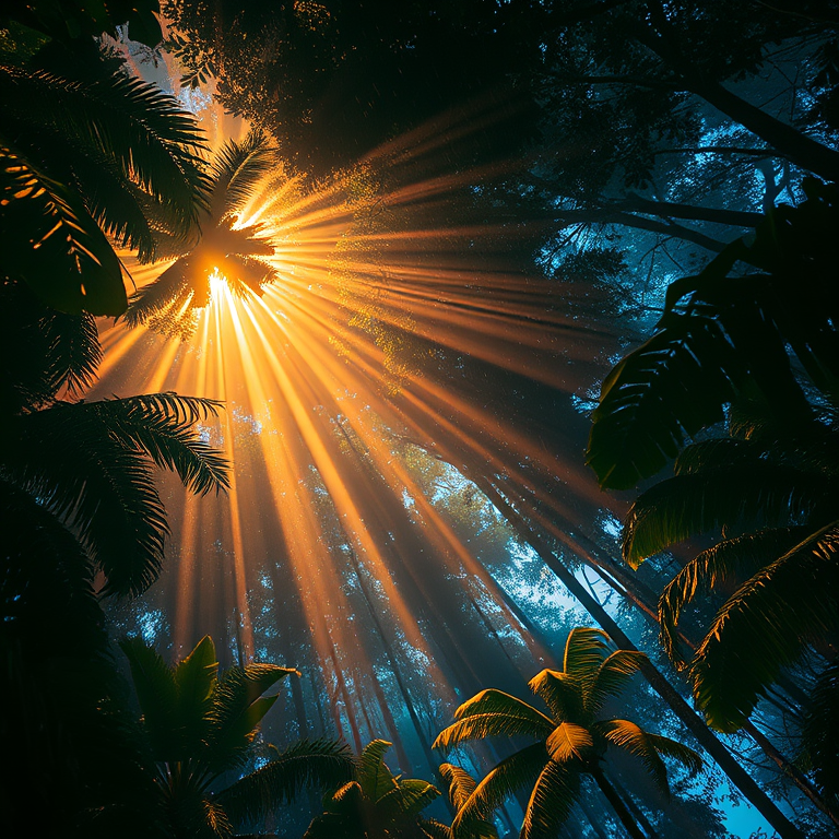 concept art, a tropical rainforest canopy, at blue hour, with rain reflections, warm tones, telephoto compression, volumetric light rays, masterpiece quality, energetic and vibrant