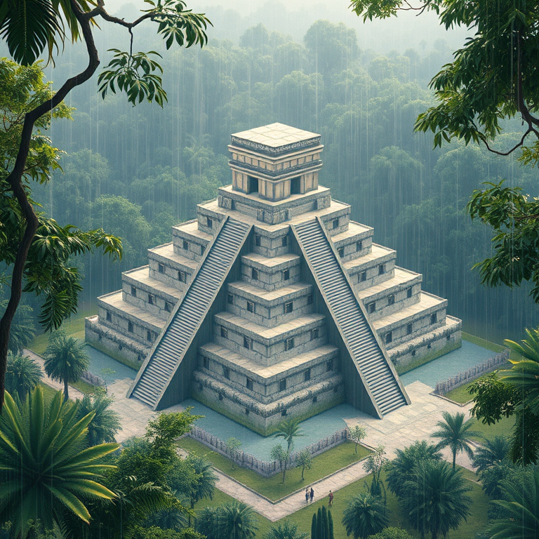hyper-realistic render, a Mayan pyramid in jungle, at midday, with rain reflections, pastel soft colors, bird eye view, dappled light through trees, masterpiece quality, whimsical and playful