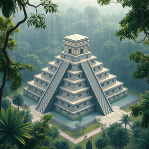 hyper-realistic render, a Mayan pyramid in jungle, at midday, with rain reflections, pastel soft colors, bird eye view, dappled light through trees, masterpiece quality, whimsical and playful