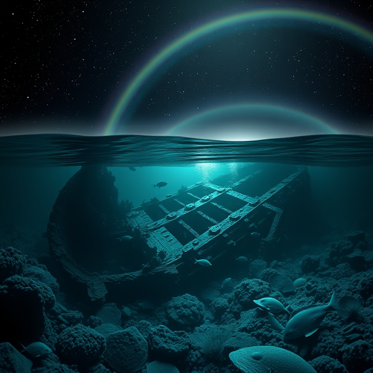 3D render, an underwater shipwreck with marine life, at night under stars, with rainbow in background, monochrome black and white, panoramic view, neon glow, professional photography, dark and moody
