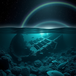 3D render, an underwater shipwreck with marine life, at night under stars, with rainbow in background, monochrome black and white, panoramic view, neon glow, professional photography, dark and moody
