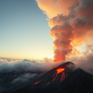 pencil sketch, a volcanic eruption with lava, at dawn, with fog rolling in, pastel soft colors, low angle dramatic perspective, backlit with sun flare, RAW photo, dramatic and powerful