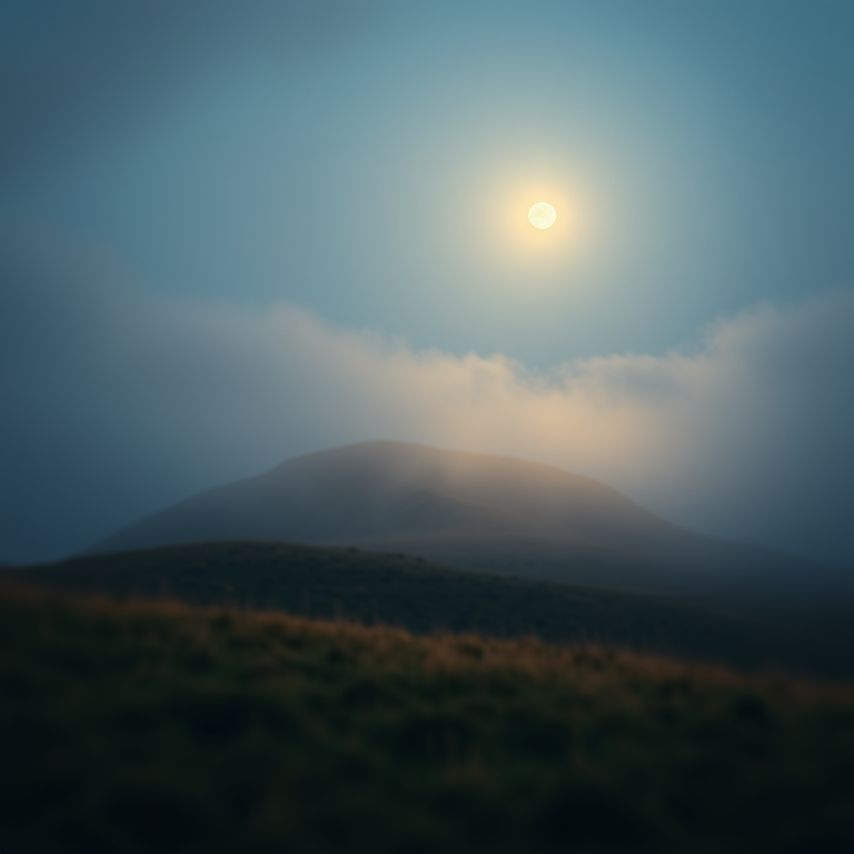 minimalist design, a misty Scottish highland, under a full moon, with gentle breeze, warm tones, tilt-shift miniature effect, dramatic side lighting, highly detailed, romantic and dreamy