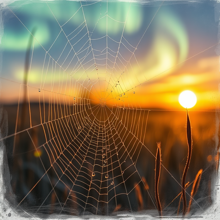 pencil sketch, a macro shot of morning dew on spider web, during golden hour, with aurora in sky, warm tones, low angle dramatic perspective, natural light, photorealistic, whimsical and playful