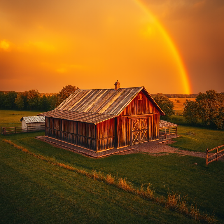 cinematic shot, a rustic farmhouse at golden hour, at midday, with rainbow in background, golden warm palette, bird eye view, backlit with sun flare, 8K UHD, dramatic and powerful