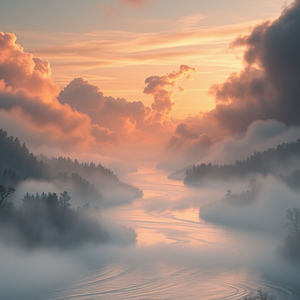 3D render, a misty river valley at dawn, at dawn, with dramatic cloud formations, warm tones, close-up detail shot, soft diffused lighting, masterpiece quality, peaceful and serene