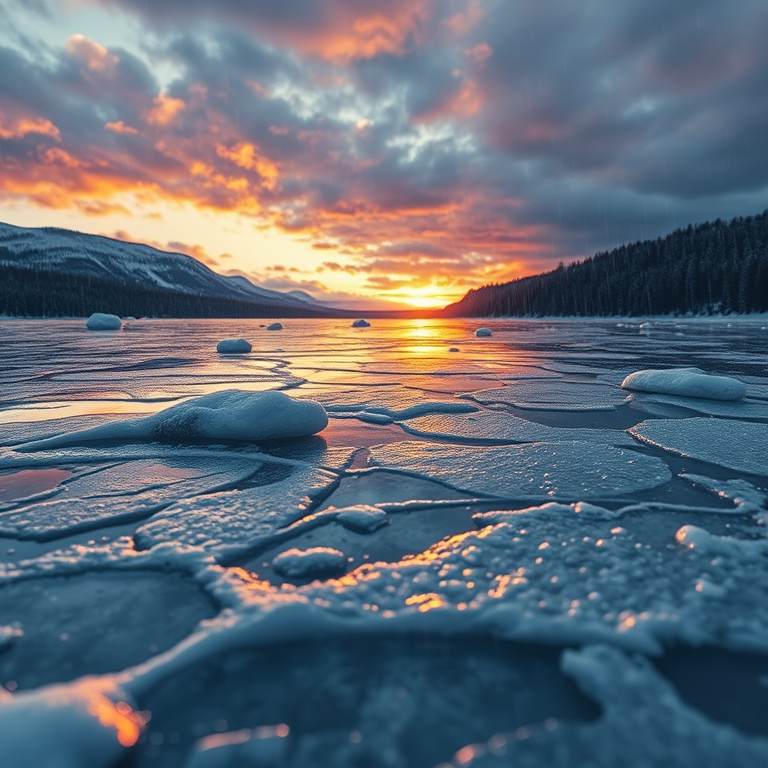 digital art, a frozen lake with ice patterns, at sunset, with rain reflections, high contrast, close-up detail shot, dramatic side lighting, award-winning composition, energetic and vibrant