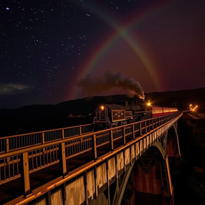 cinematic shot, a vintage steam train on a bridge, at night under stars, with rainbow in background, high contrast, aerial drone perspective, dramatic side lighting, award-winning composition, energetic and vibrant