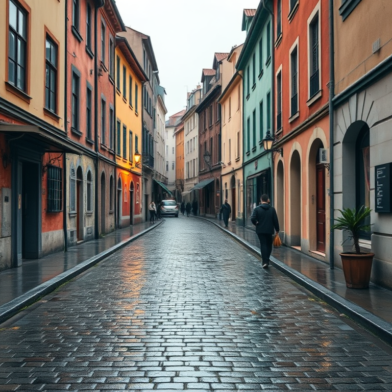 minimalist design, an old European cobblestone street, at midday, with rain reflections, vibrant saturated colors, panoramic view, soft diffused lighting, 8K UHD, energetic and vibrant