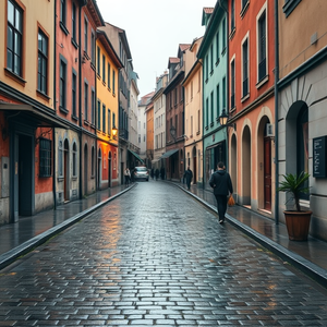 minimalist design, an old European cobblestone street, at midday, with rain reflections, vibrant saturated colors, panoramic view, soft diffused lighting, 8K UHD, energetic and vibrant