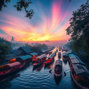 watercolor painting, a floating market in Thailand, during twilight, with aurora in sky, pastel soft colors, bird eye view, dappled light through trees, 8K UHD, romantic and dreamy