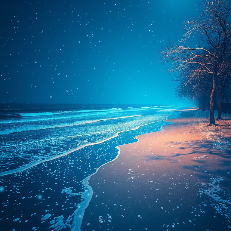 impressionist painting, a bioluminescent ocean beach at night, at blue hour, with snow falling, pastel soft colors, wide angle view, dappled light through trees, 8K UHD, romantic and dreamy