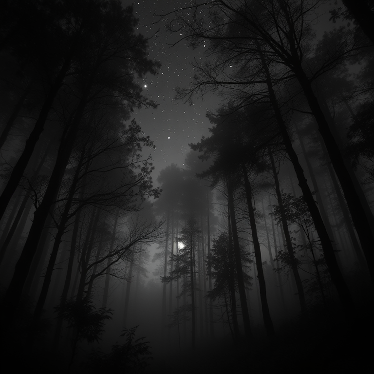 concept art, a dense foggy forest, at night under stars, with gentle breeze, monochrome black and white, wide angle view, dappled light through trees, masterpiece quality, whimsical and playful
