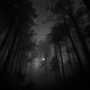 concept art, a dense foggy forest, at night under stars, with gentle breeze, monochrome black and white, wide angle view, dappled light through trees, masterpiece quality, whimsical and playful