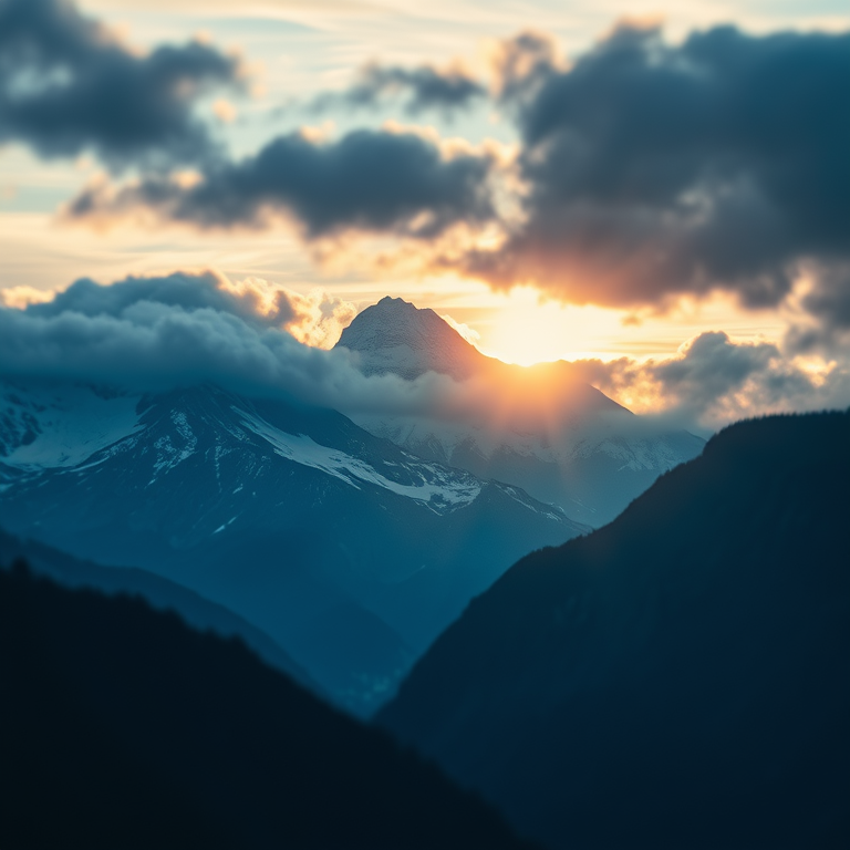 concept art, a majestic mountain landscape, at blue hour, with dramatic cloud formations, cool blue tones, tilt-shift miniature effect, backlit with sun flare, photorealistic, dramatic and powerful