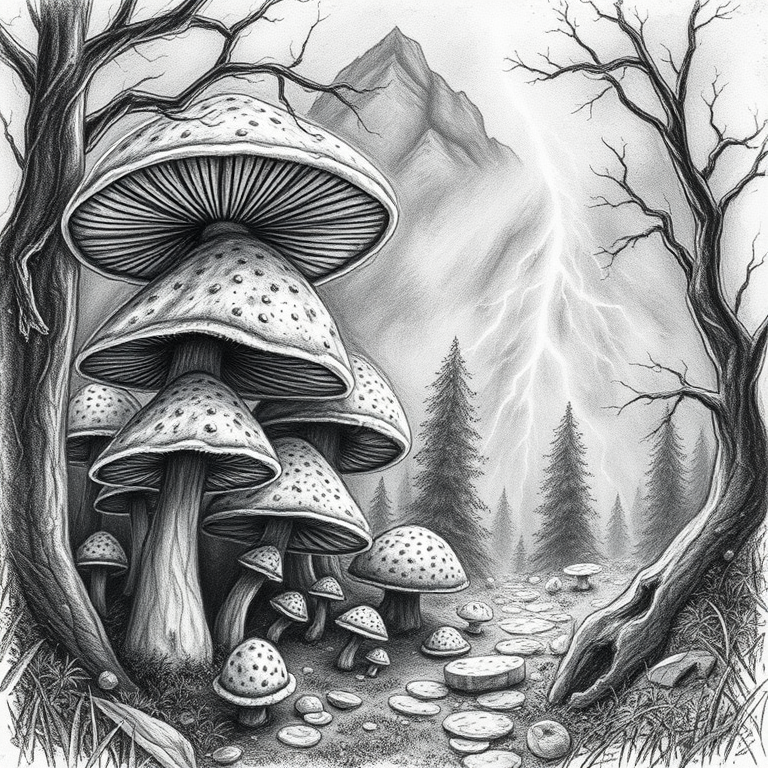 pencil sketch, a fairy tale mushroom forest, during a storm, with lightning in distance, high contrast, wide angle view, studio quality lighting, highly detailed, mysterious and ethereal