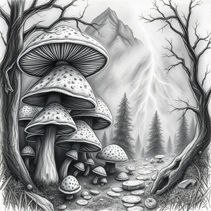 pencil sketch, a fairy tale mushroom forest, during a storm, with lightning in distance, high contrast, wide angle view, studio quality lighting, highly detailed, mysterious and ethereal