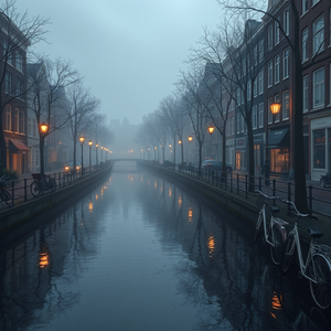 anime style, an Amsterdam canal with bicycles, in early morning mist, with rain reflections, pastel soft colors, panoramic view, dramatic side lighting, photorealistic, melancholic and contemplative